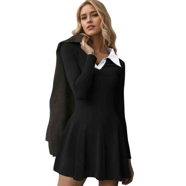 Contrastcolor Faux Twopiece Knit Dress With Long Sleeves And An Aline Skirt Black - Shop at LoveMi