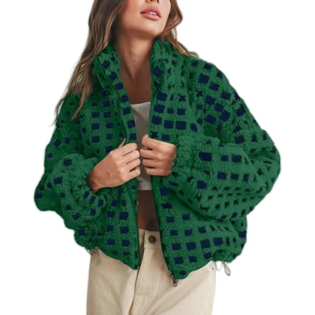 New Women Anti blowing Lamb Wool Plaid Fashion Casual Loose Jacket Green Background - Shop at LoveMi