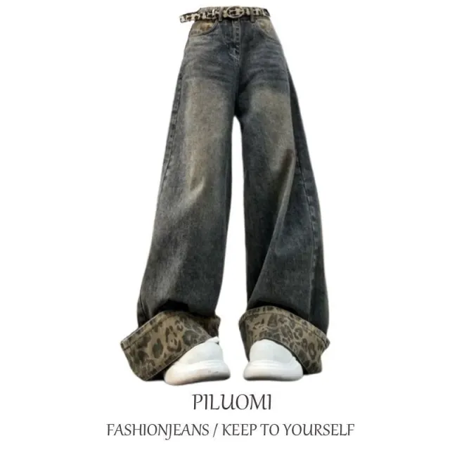 Women's Retro Patchwork Leopard print Curling Jeans Retro Blue - Shop at LoveMi