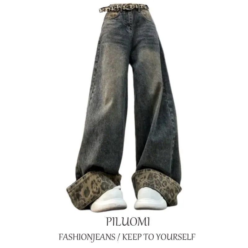 Women's Retro Patchwork Leopard-print Curling Jeans - Retro Blue