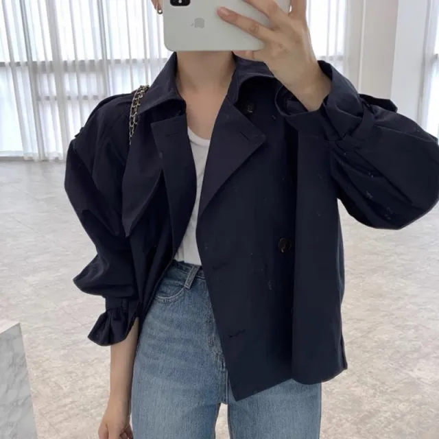 Fall South Lapel Double Breasted Loose Long Sleeve Tooling Style Coat Blue - Shop at LoveMi