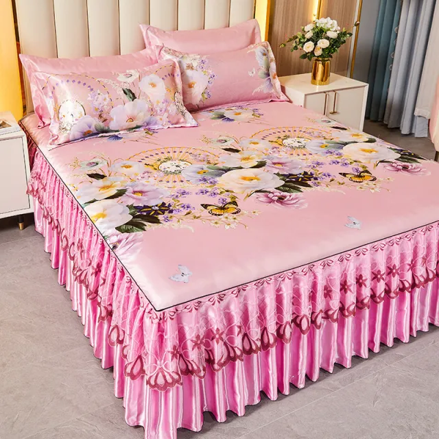 Sleeping Mat Viscose Fiber Mat Bed Skirt Three piece Set Home Spring Fragrant Garden Pink - Shop at LoveMi