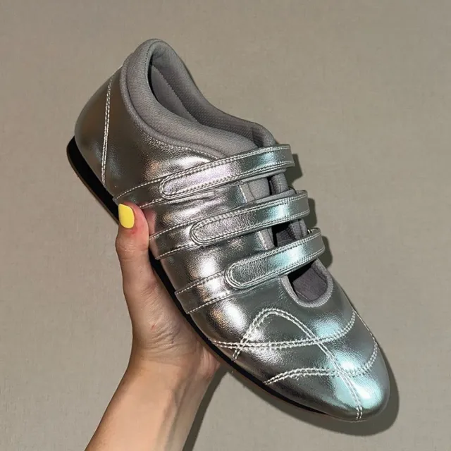 All Match Sports Casual Velcro Flat Round Head Ballet Slipper Silver - Shop at LoveMi