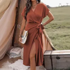 Commuting Fashion Forged Split Women's Solid Color Wrap Suspender Dress - Caramel - View 1