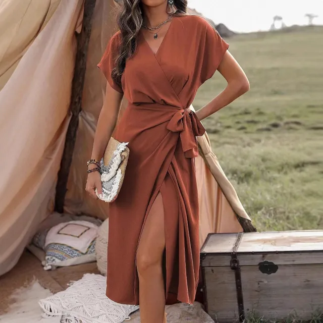 Commuting Fashion Forged Split Women's Solid Color Wrap Suspender Dress Caramel - Shop at LoveMi