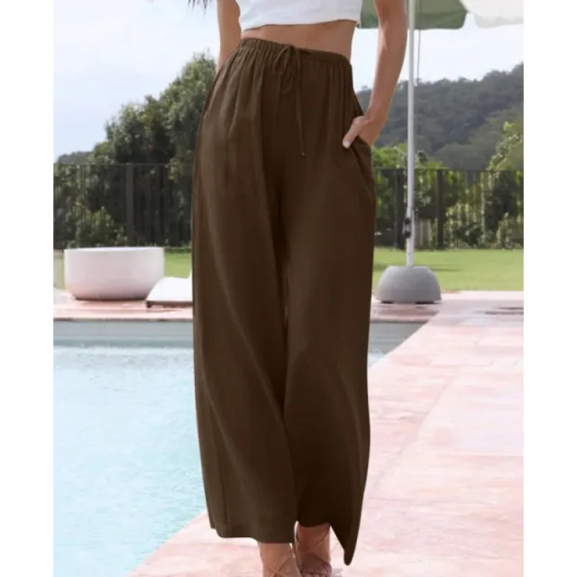 Loose Casual Pocket Drawstring Wide leg Pants For Women Brown - Shop at LoveMi