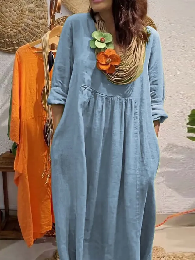 Women's Casual Solid Color Cotton And Linen Pocket Dress Blue - Shop at LoveMi