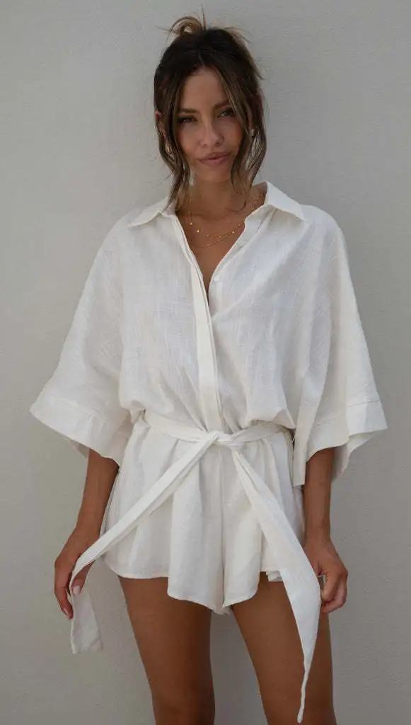 Lapel Mid sleeve Waist Lace up Fashion Loose Short Jumpsuit White - Shop at LoveMi