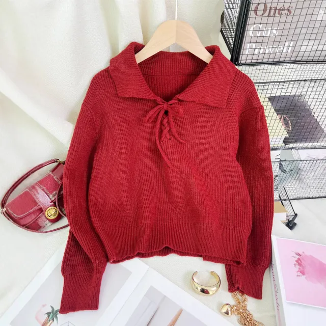 Women's Retro Lace Up Long Sleeve Sweater Red - Shop at LoveMi