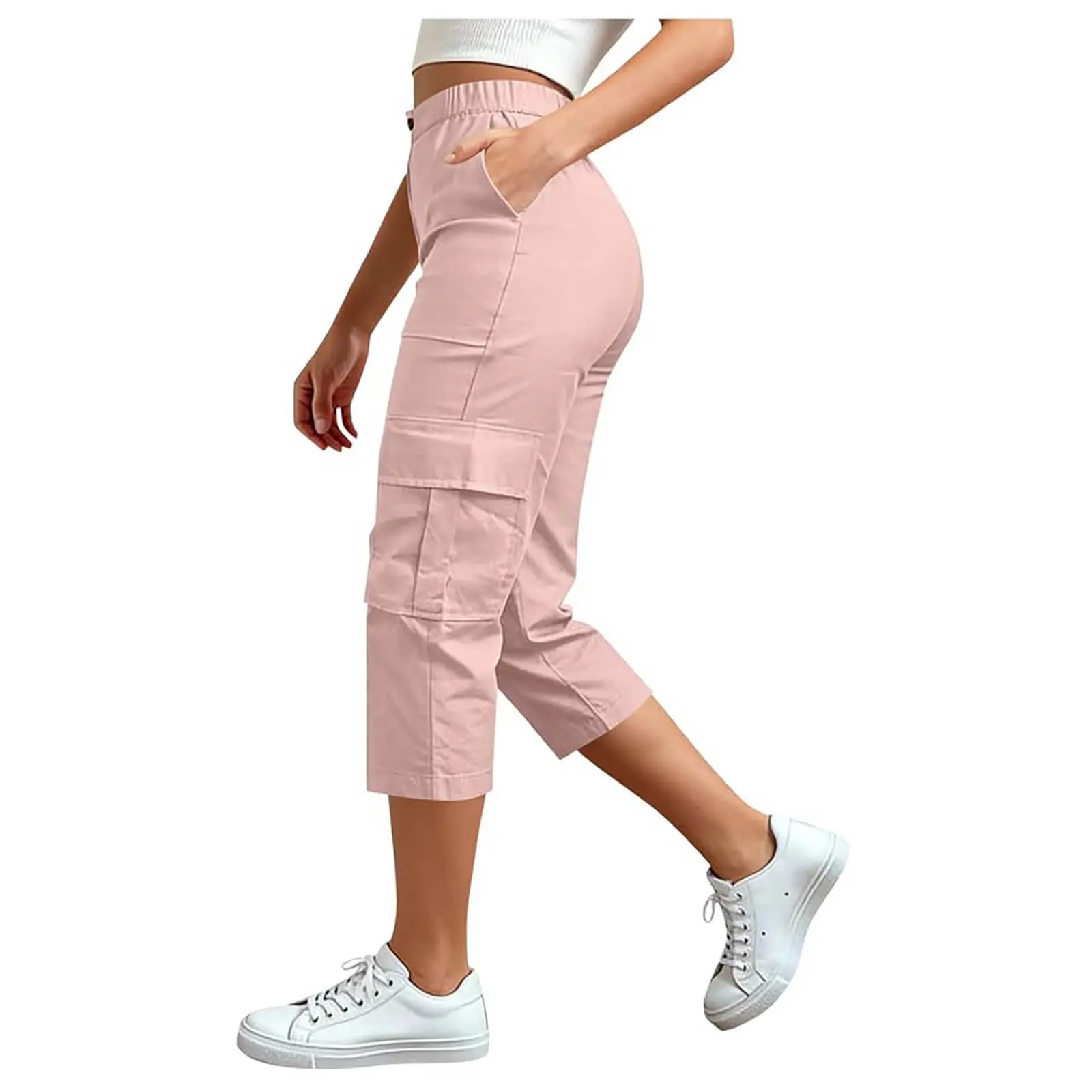Casual High-waisted Loose-fitting Straight-leg Cargo Capri Pants