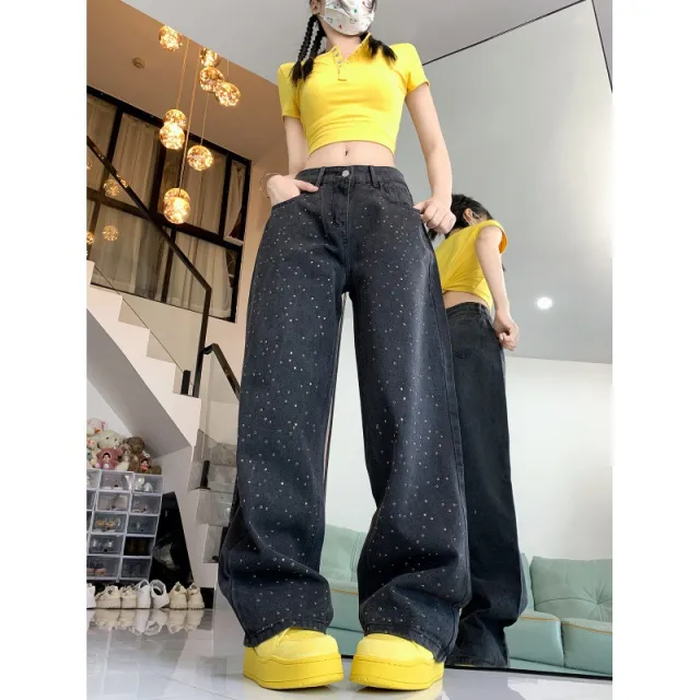 Fashion Rhinestone Jeans Heavy Industry Slimming Slim Fit Straight Wide Leg Black - Shop at LoveMi
