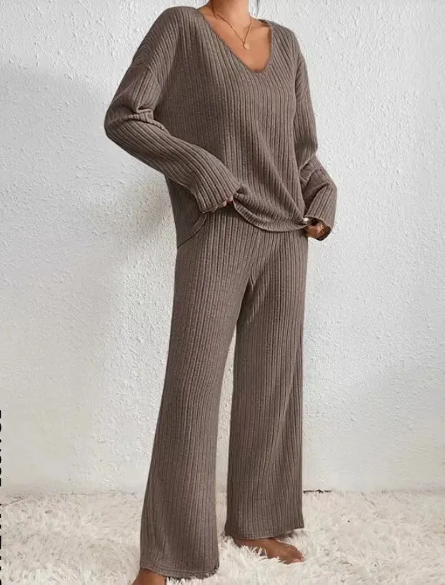 Casual Straight leg Pants With A Loose V neck Ribbed Knit Set Camel - Shop at LoveMi