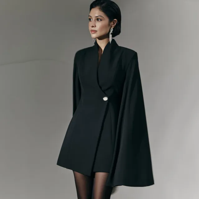 Elegant Cloak Slim Solid Color Single Buckle Dress Black - Shop at LoveMi