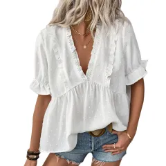 Women's Cut Flower Fur Ball Short-sleeved Lace Shirt - White - View 1