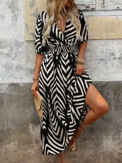 Loose Women's Wear Elegant Style Random Printing Tie-dye Large Swing Dress - Black - View 1