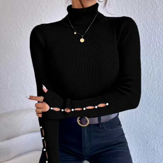 Spring Button Sweater Half Turtleneck Slim Fit Sexy Long Sleeve Women's Knitwear Black - Shop at LoveMi