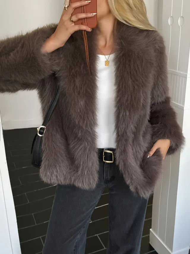 Solid Color Fluff Long Sleeve Coat Women's Clothing Dark Gray Brown - Shop at LoveMi