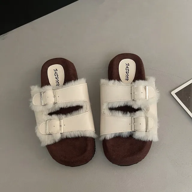 Platform Slippers Women's Soft Bottom Belt Buckle Beige - Shop at LoveMi