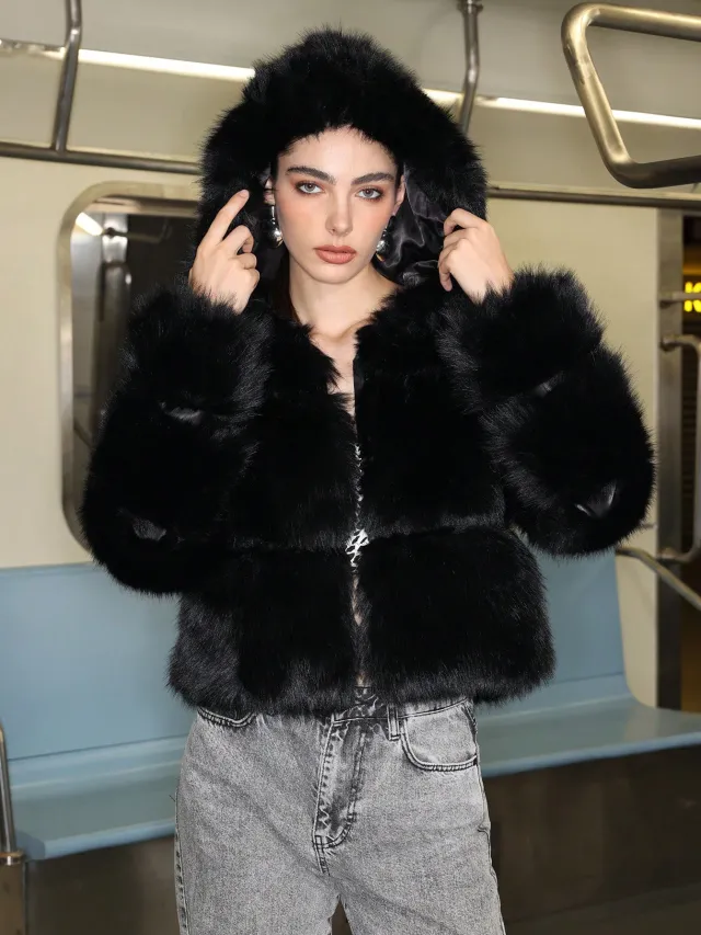 Black Faux Fur Short Hood Jacket Bk Black - Shop at LoveMi