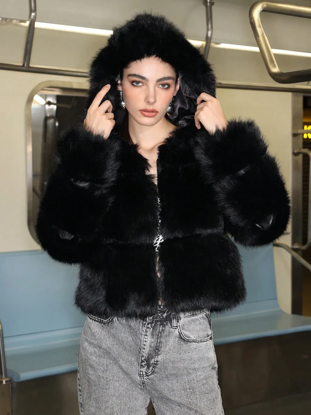 Black Faux Fur Short Hood Jacket - Bk Black