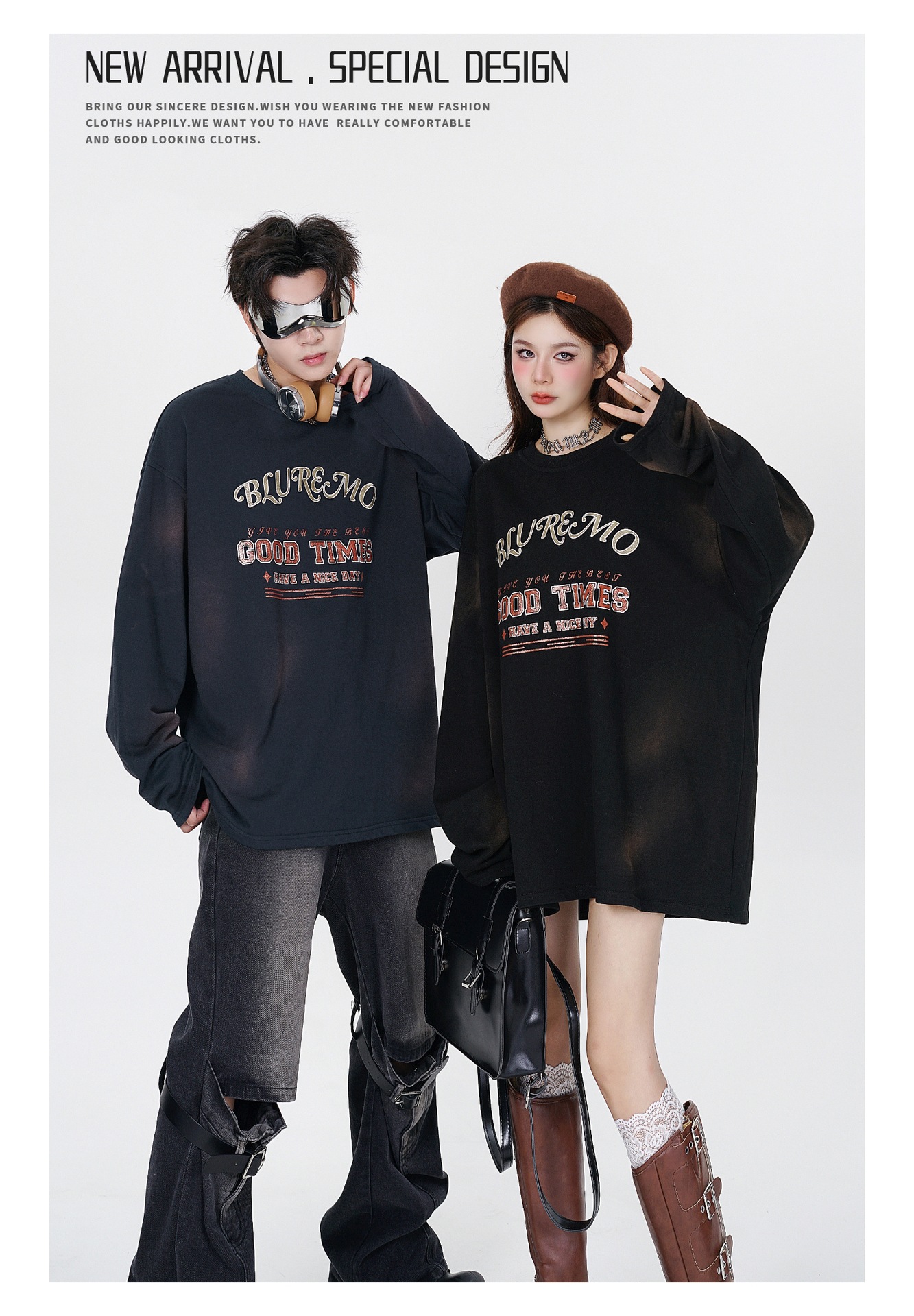 Dark Washed Gold Printing Crew Neck Pullover Sweatshirt