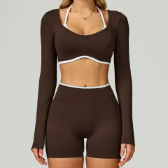 Seamless Colour-blocking Yoga Set With Hollow Back And High-waist Fitness Wear - White Coffee - View 1