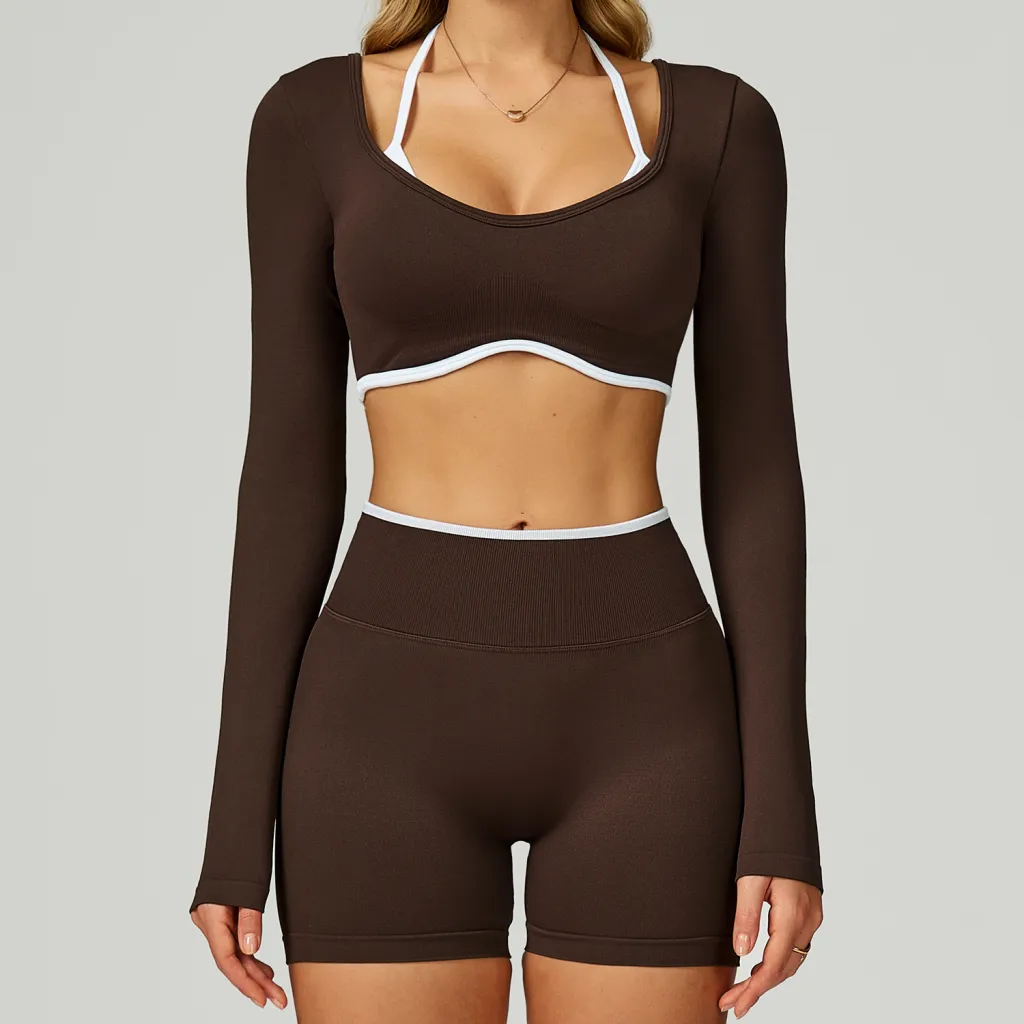 Seamless Colour-blocking Yoga Set With Hollow Back And High-waist Fitness Wear - White Coffee