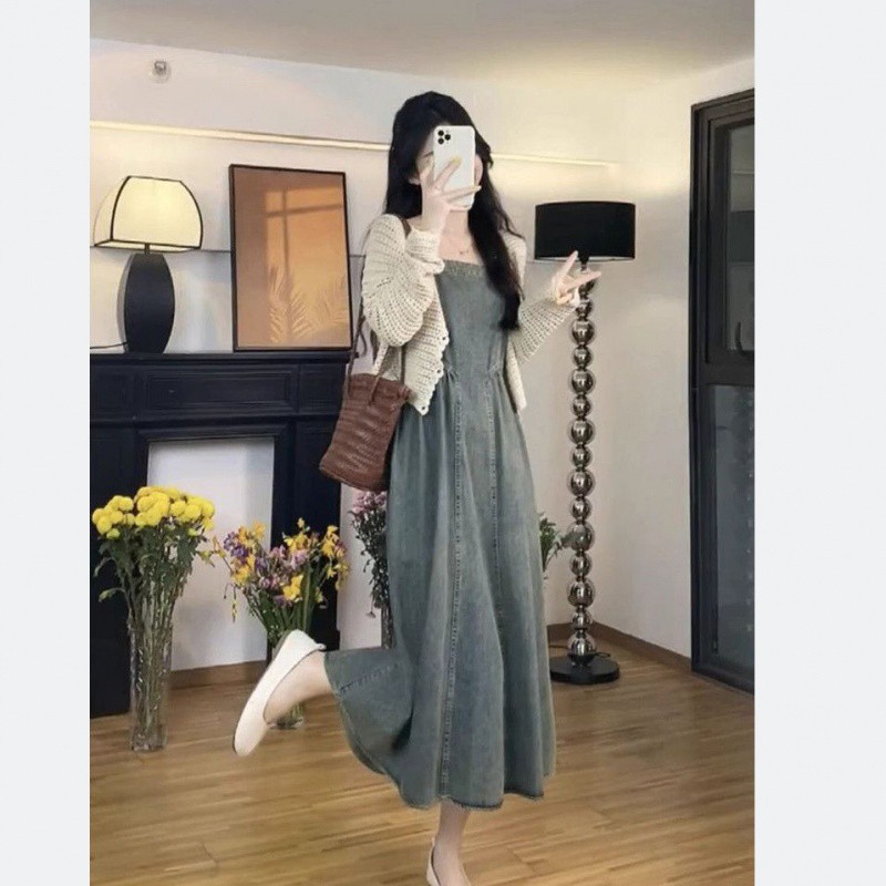 French Retro Denim Sling Dress