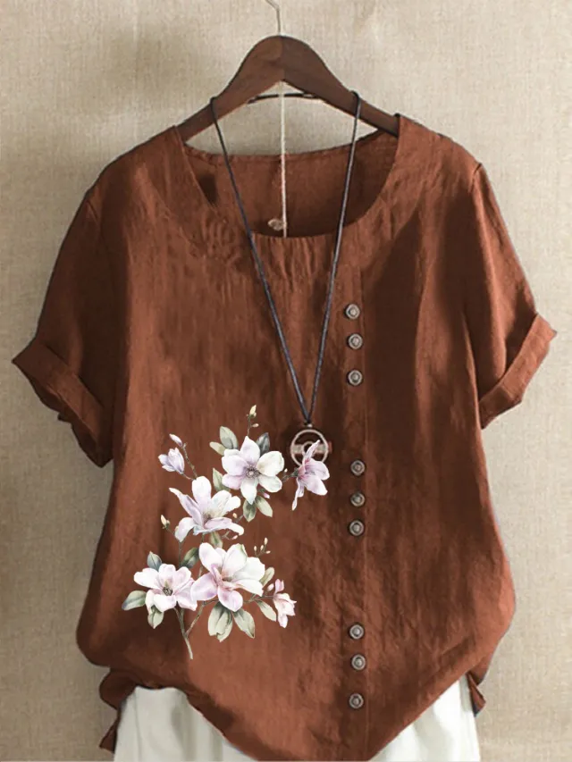 Women's Retro Cotton And Linen Print Loose Casual Shirt Short Sleeve Coffee - Shop at LoveMi
