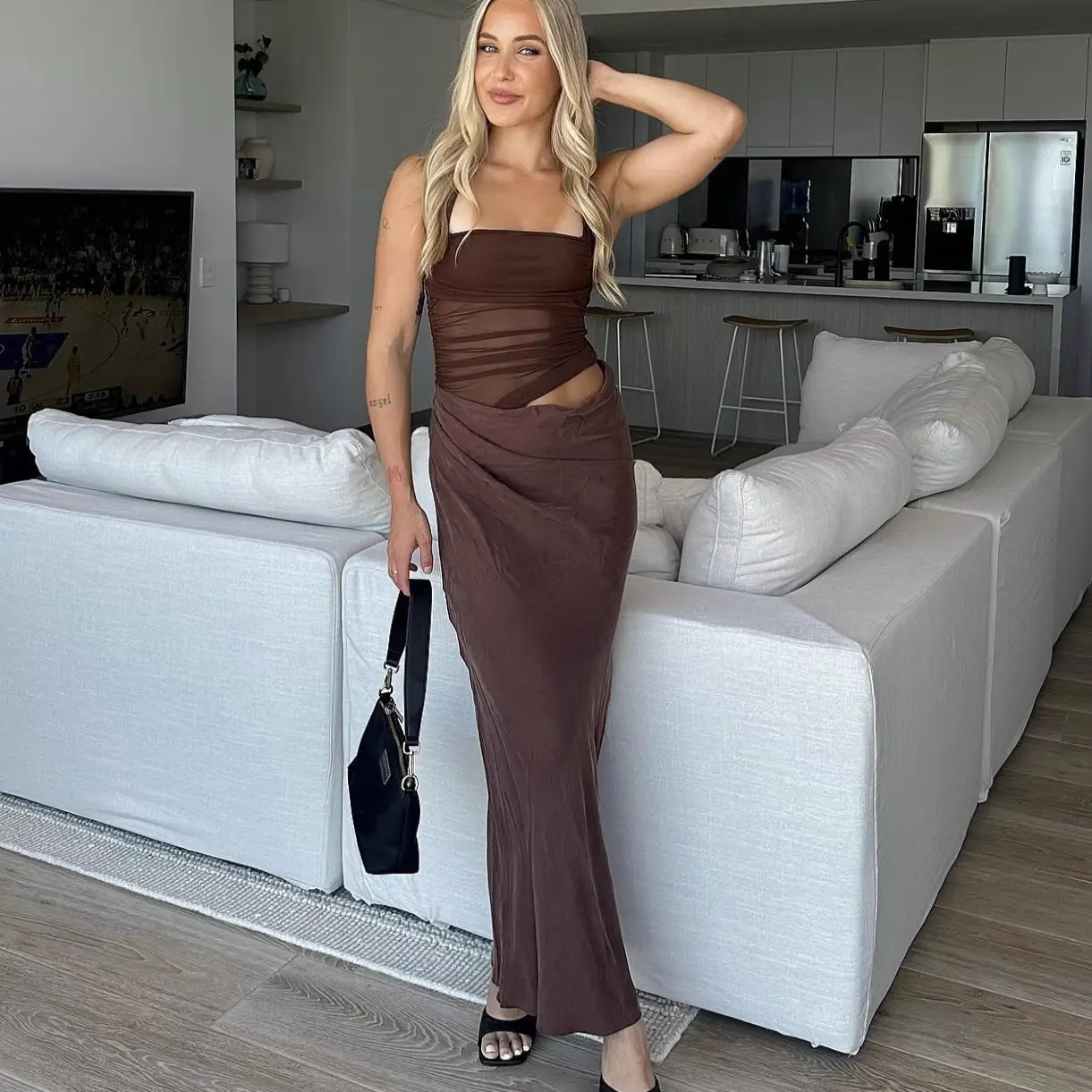 Hot Girl Sexy Mesh Stitching Halter Dress Women
