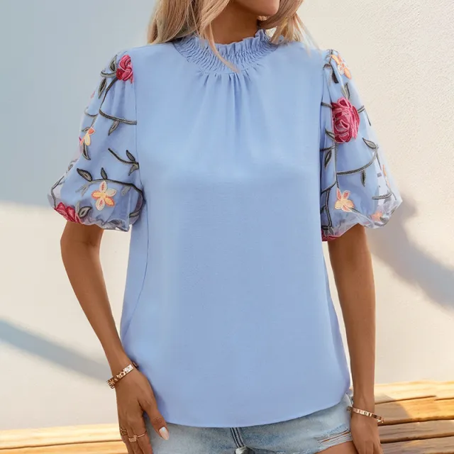 Embroidered Mesh Stitching Short sleeved Shirt Red - Shop at LoveMi