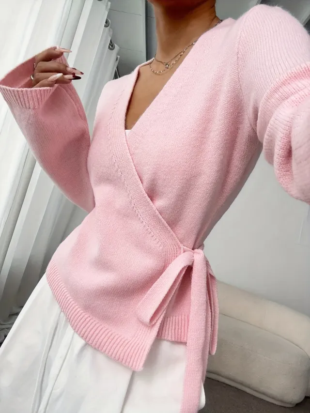 Women's Elegant Lace up Long Sleeve Knitted Top Lotus Root Color - Shop at LoveMi