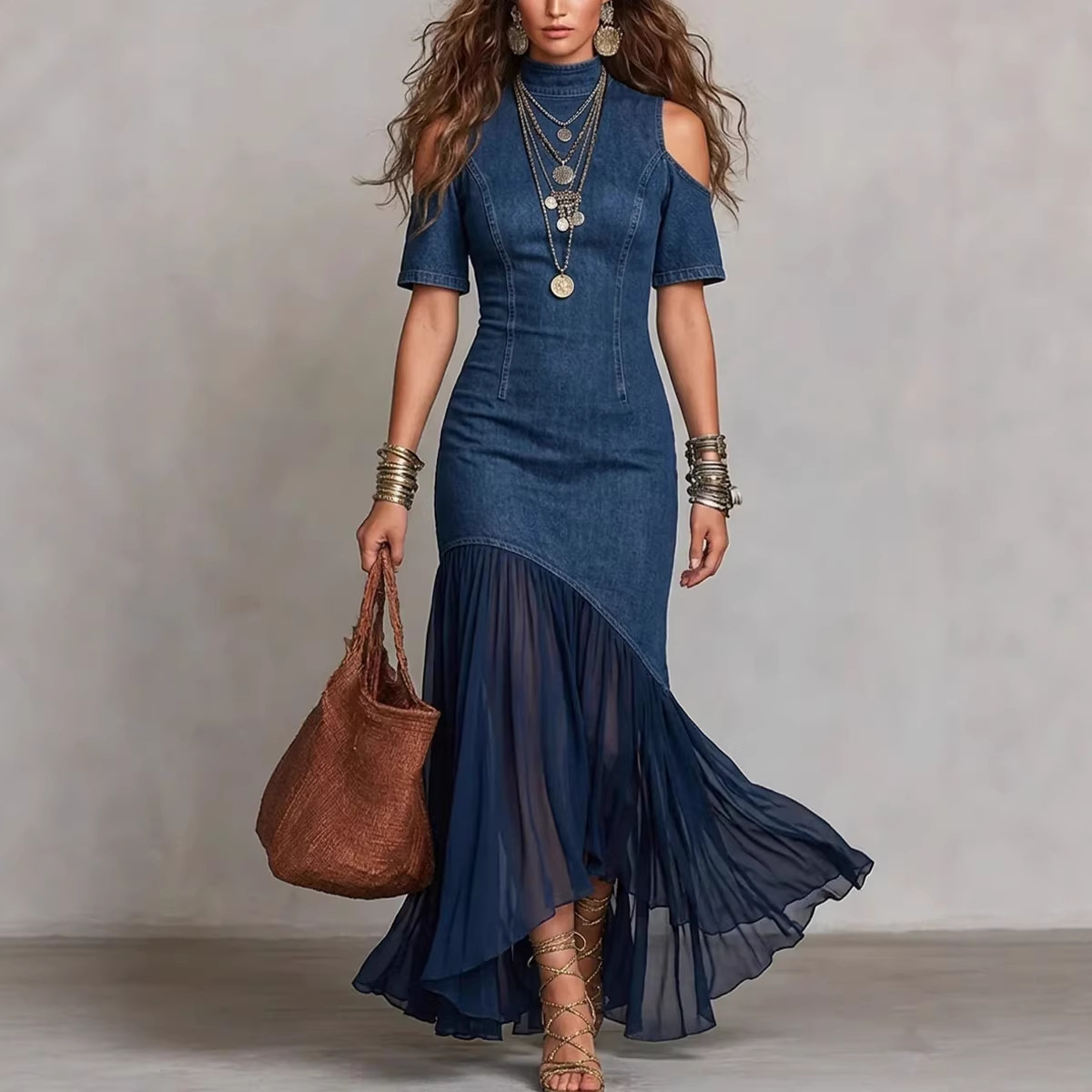 Off-shoulder Short-sleeve Mesh-hem Dress