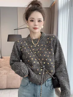 Sequined Round Neck Sweater Women's Loose And Lazy Style Design Sweater - Black And Gray - View 1