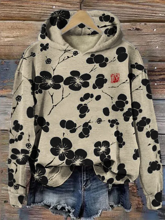 Fashion Spring And Autumn Plum Blossom Hooded Super Plus Size Loose fitting Casual Pullover Black - Shop at LoveMi