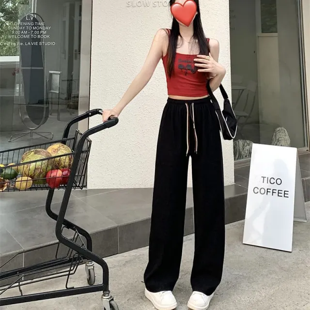 Corduroy Double Drawstring Wide Leg Pants High Waist Casual Straight Pants Black - Shop at LoveMi