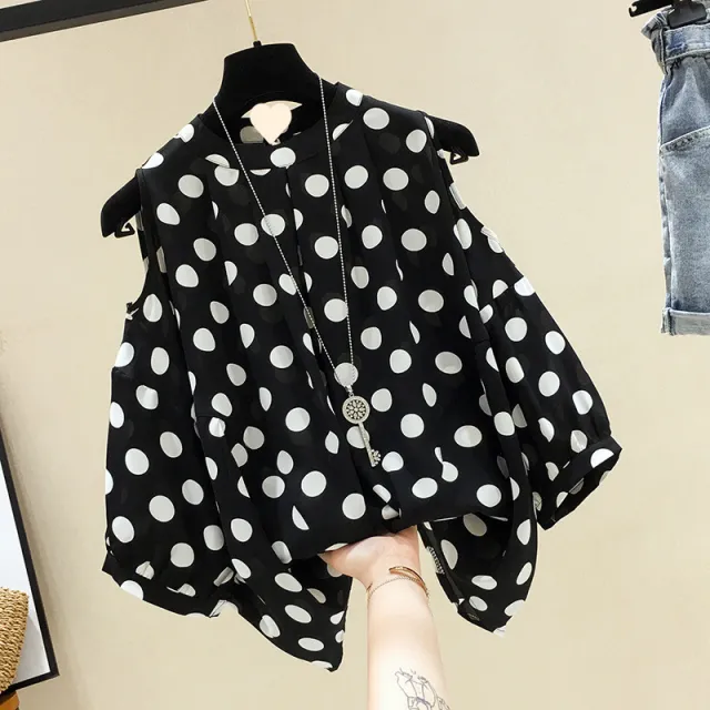 Loose fitting Figure flattering Polka dot Off shoulder Short sleeve Chiffon Blouse Black - Shop at LoveMi