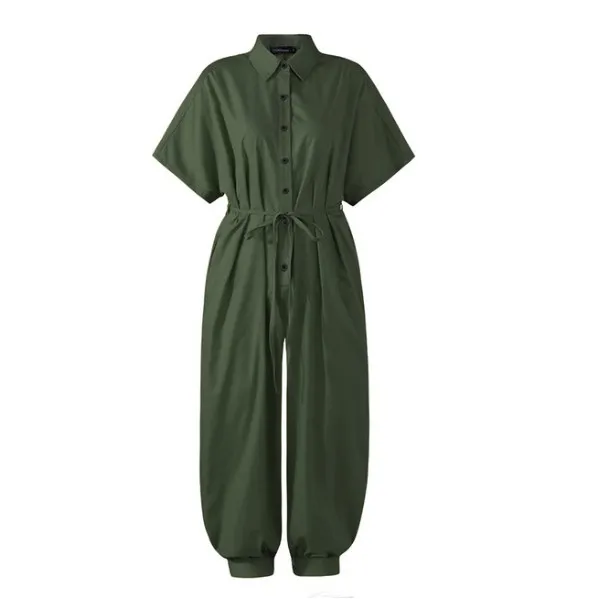 Women's Retro Short Sleeve Button Jumpsuit - Green