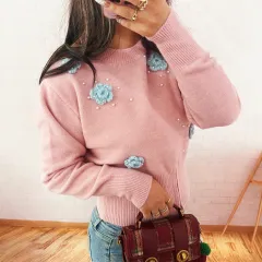 Three-dimensional Flower Pearl Elegant Zipped Round Neck Sweater - Pink - View 1
