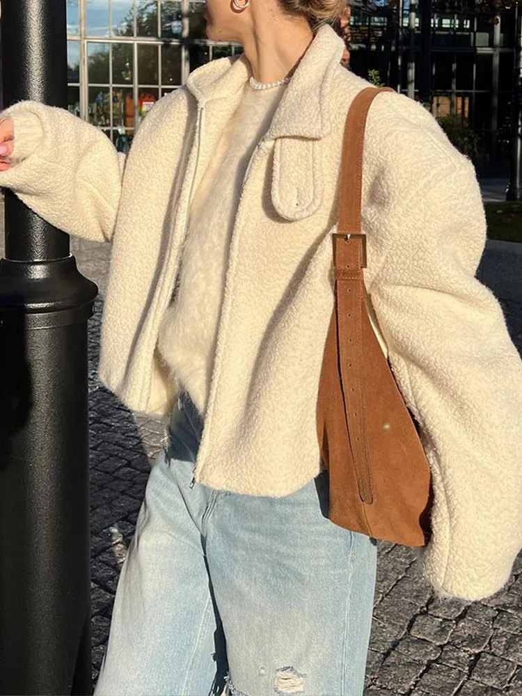 Solid Color Short Lamb Wool Thickened Autumn And Winter Warm Casual Jacket Coat - White
