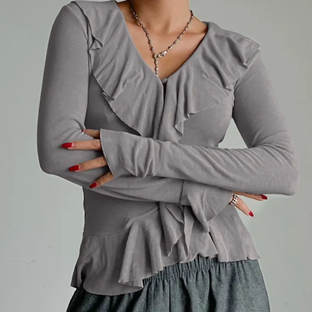 Designer style Niche Top With Ruffled Hem For Women Gray - Shop at LoveMi