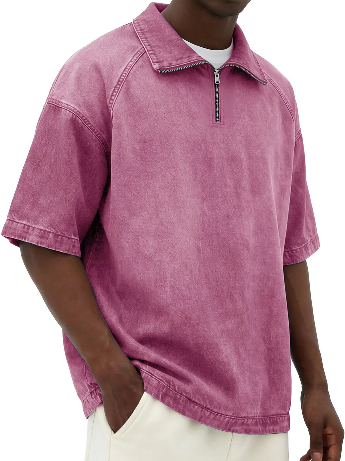 Mens Short-sleeve Lapel Zip-up T-shirt