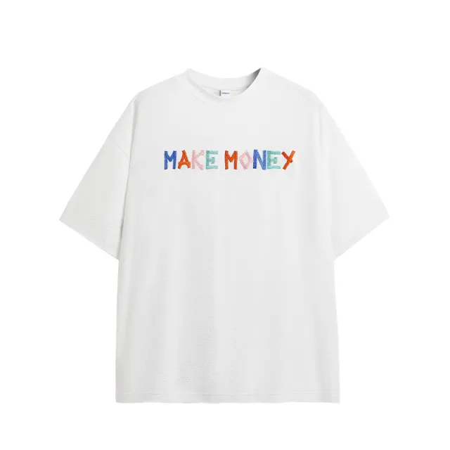 Contrast Color Texture Towel Cloth Embroidered T shirt White - Shop at LoveMi