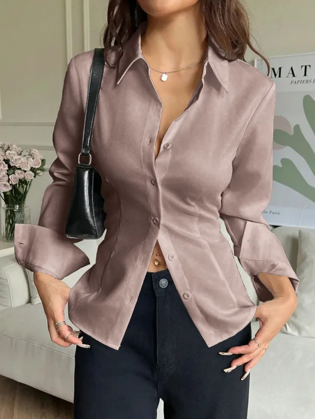 New Slim fit Waist cinching Asymmetrical Blouse Brown - Shop at LoveMi