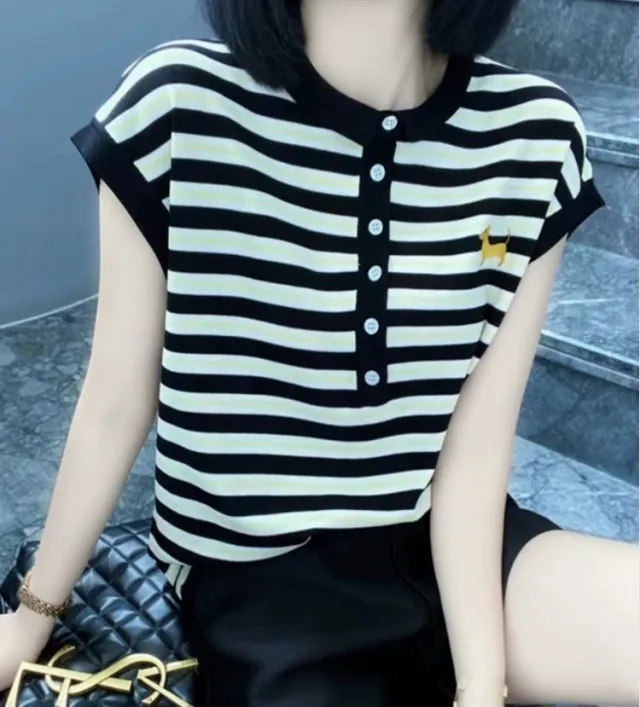 Half button Small Lapel Ice Silk Knitted Embroidered Striped Vest Top White - Shop at LoveMi