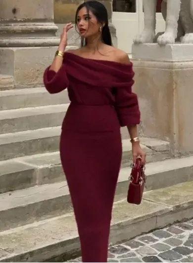 Pure Desire Style Off shoulder Top Slim Fit Long Dress Two piece Set Red A Set - Shop at LoveMi