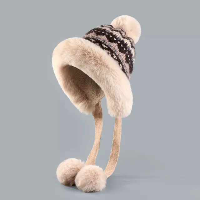 Retro Ethnic Style Plush Knitted Hat Women's Autumn And Winter Cold Protection Earflaps Woolen Cap Khaki - Shop at LoveMi