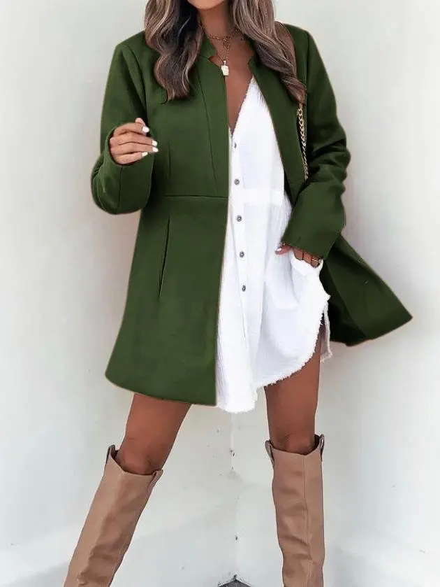 Solid Color Slimming Long Sleeve Pocket Woolen Women's Coat Army Green - Shop at LoveMi