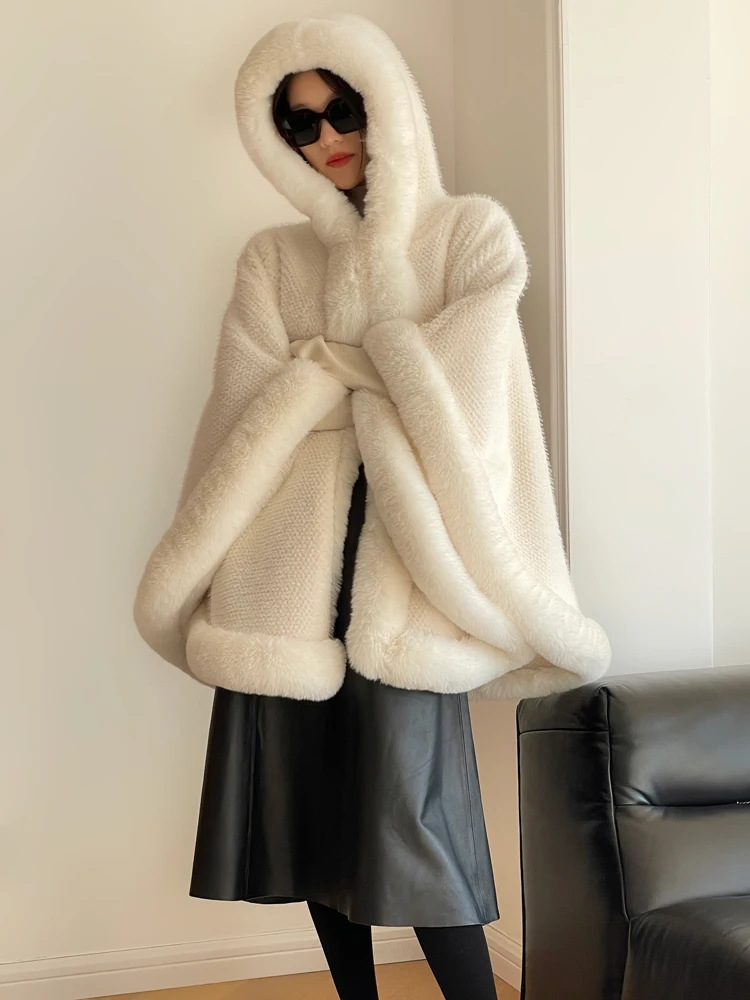 Shawl Outer Match Cloak Fleece-lined Thickened Imitation Fur Collar Cape And Shawl Coat