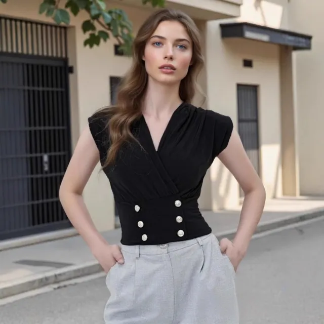 V neck Layered Sleeveless Vest Featuring A Crossover Neckline Design And Double row Pearl Buttons Black - Shop at LoveMi